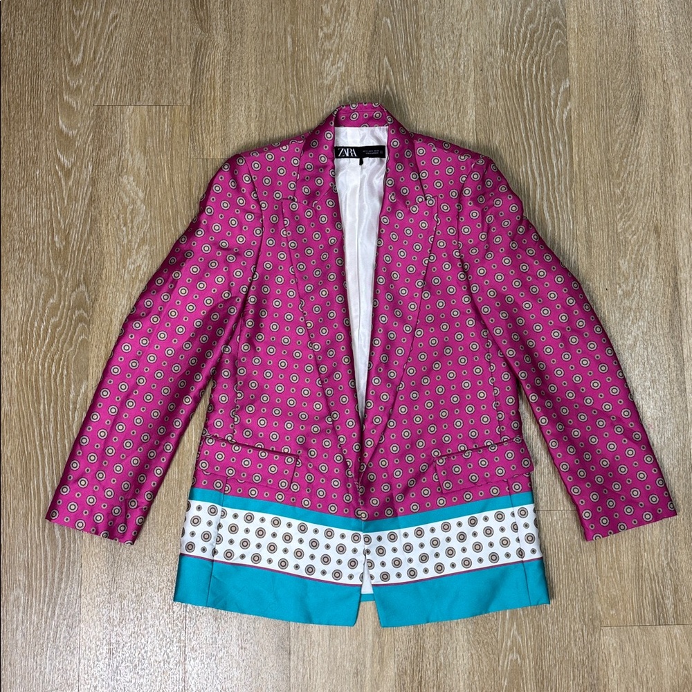 Zara Satin Effect Printed Open Front Blazer Jacket Pink Teal Blue size Small - Picture 9 of 14